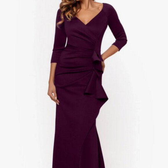 Xscape Plum Purpe Ruched Scuba Ruffle Gown - Picture 1 of 4